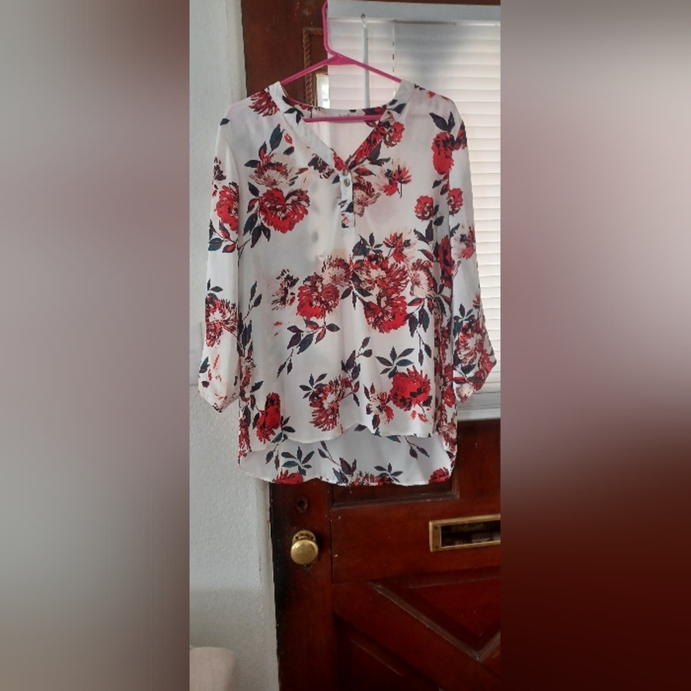 Floral V-Neck Blouse - Red and White Maurices XL